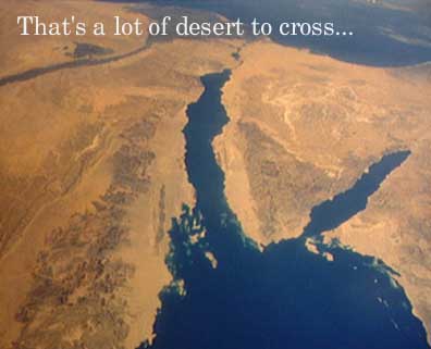 Satellite photo of the desert area the Israelites had to cross with the caption, "That's a lot of desert to cross..."